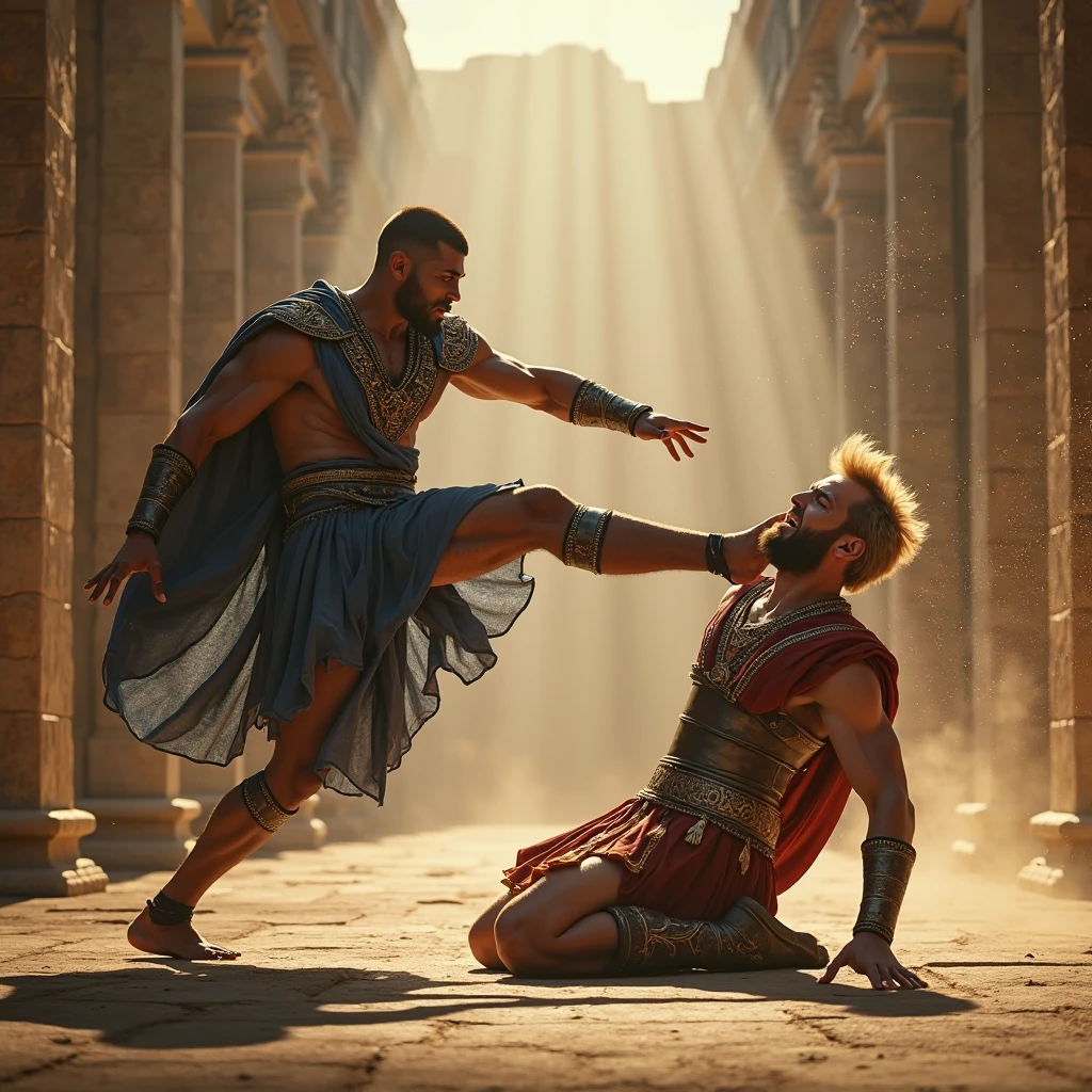 Theseus kneels before the oracle, his eyes closed in prayer as he awaits the wisdom of the gods.