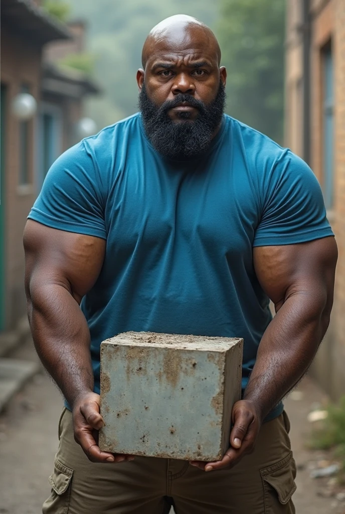Buzz cut，Very large muscle size，A mountain-like figure，Brown skin，Thick beard，Looks fierce，Fat-encapsulated muscle。
