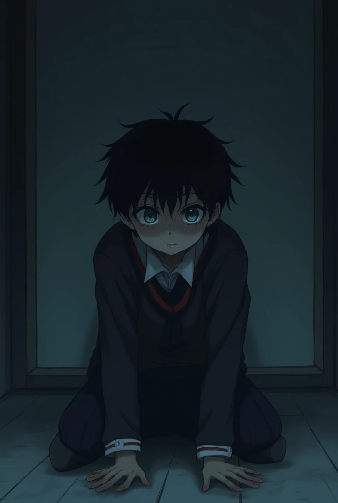 Young anime boy with a worried expression wearing a white shirt and black tie and black pants and shoes kneeling bleeding with a lot of blood on his shirt in a parish with graves and ghosts of boys and girls behind him and the surroundings at night with a full moon