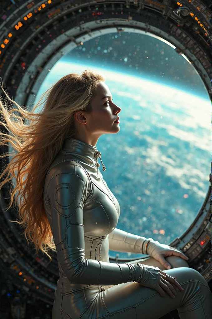 A young and beautiful woman、Science fiction、treasure hunter、Unearthing ancient ruins in space、Transcendently beautiful face、Ideal proportions、Big Breasts、Beautiful long straight hair gathered into a braid、blonde、Dynamic Pose、A revealing holographic outfit、Dynamic Angles、