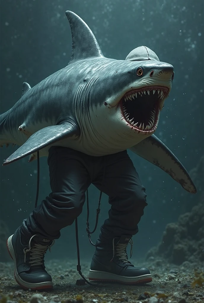 drawing of a shark with strong arms, coming out of the cage, holding a chain 