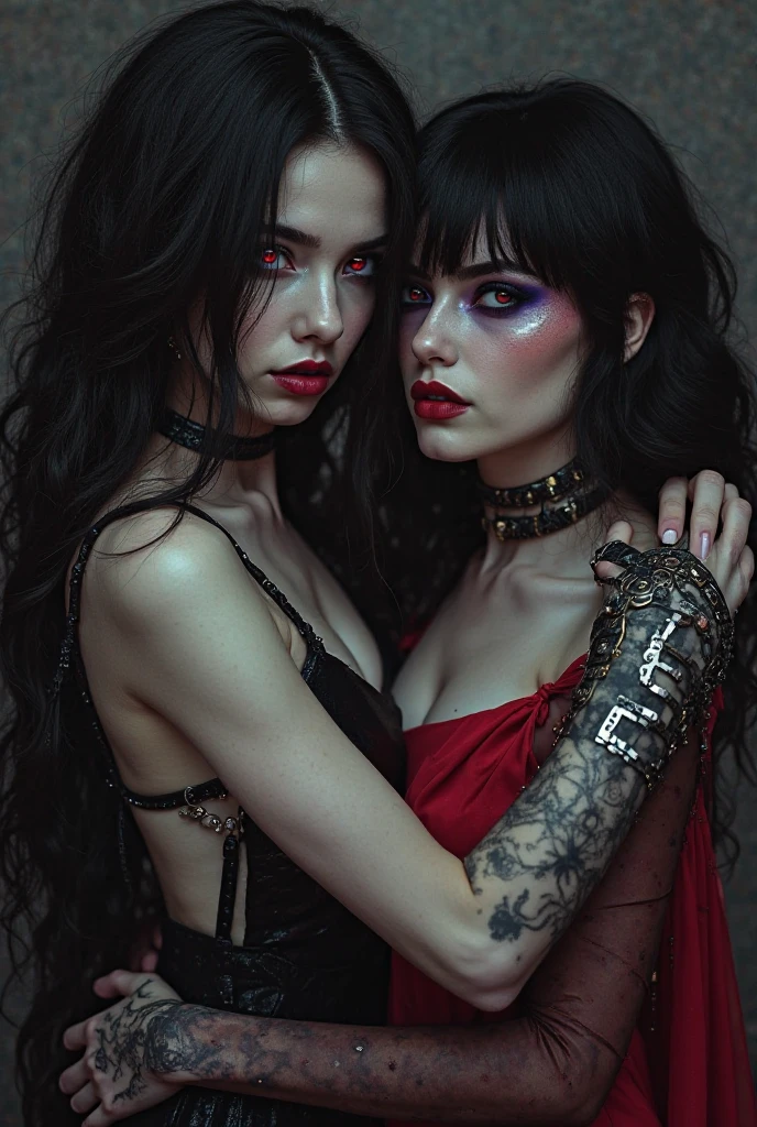 Random scene, (Gothcore:1.6), black hair, red lipstick, blue eyes, hyper realistic, 8k, vibrant colors, sharp image