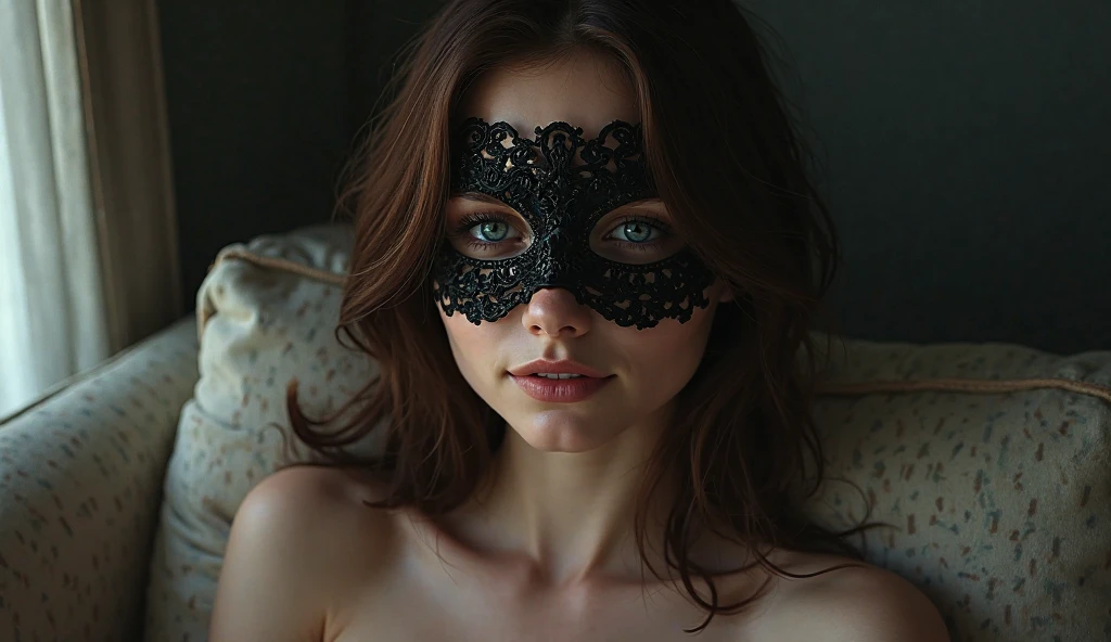 Sexy slut, pale white skin, with a playboy black mask, black lingerie teasing, seductive stare, sexy body, white bright eyes