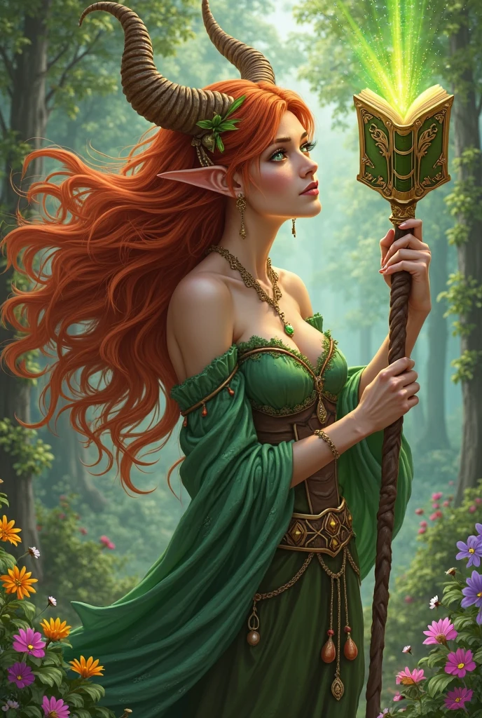 A red-haired mage with a grimoire and a staff, green eyes and no ears.