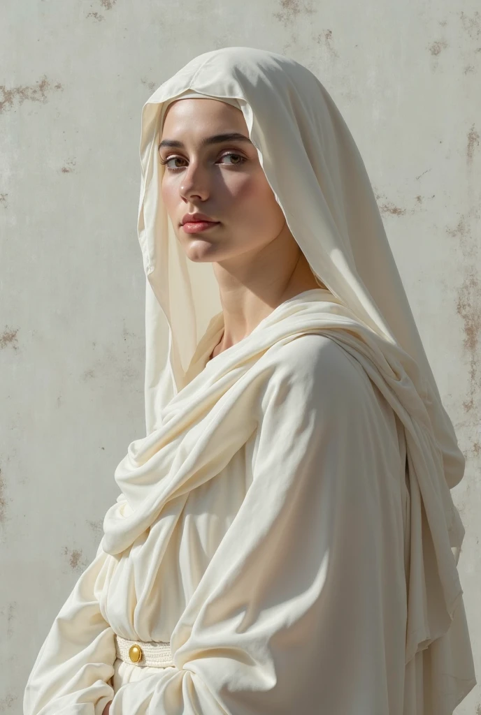 Concubine du harem turc avec une tunique en coton blanc, une longue veste en velours blanches avec des broderies simples et discrètes gris un foulard en soie blanc couvrant la tête et des chaussons en cuir et un collier discret