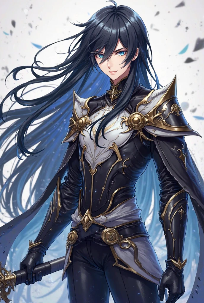 Tall guy, long black hair, blue eyes, muscles, sharp teeth, fierce scream, masterpiece, high quality