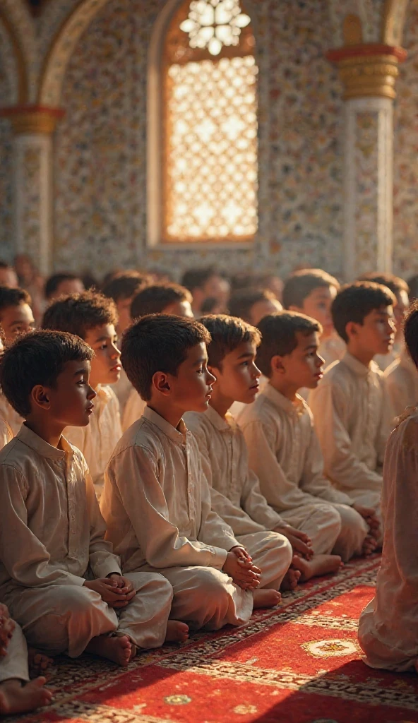The camera captures these expressive faces, symbolizing the beauty of passing down wisdom and the transformative power of knowledge on the young minds.The camera focuses on a group of young individuals, their faces reflecting curiosity, attentiveness, and inspiration as they listen to Rohan's wisdom. One leans forward, eyes wide with curiosity, eager to learn. Another beams with attentiveness, lips slightly parted in focused concentration. A third radiates inspiration, eyes sparkling with newfound purpose and a gentle smile. The last shows a mix of emotions, a subtle play between curiosity and reflection.