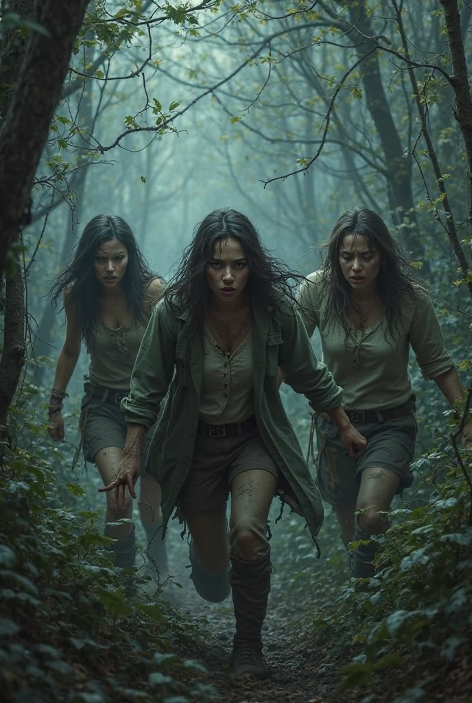 Freddy Krueger surrounded by beautiful women in a forest during a thunderstorm