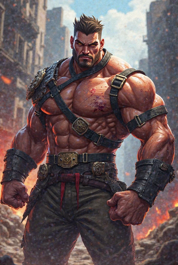 A mature strong European man 195 tall, he wears a ragged white bib with large pockets, he wears black erotic tight sports shorts, bright red blood is flowing from his arm wounded, his eyes are blood red, handsome posture, fighting posture, bodybuilding style, muscular, muscular, in the smithy, a closed room filled with gold and red particle special effects, he holds a steel hammer in one hand and strikes a classical longsword, the light effect is focused on his body, volumetric light and shadow, motion blur, masterpiece, super high resolution, detailed background, reality, illustration, muscle man, volumetric lighting, depth of field, raised crotch,