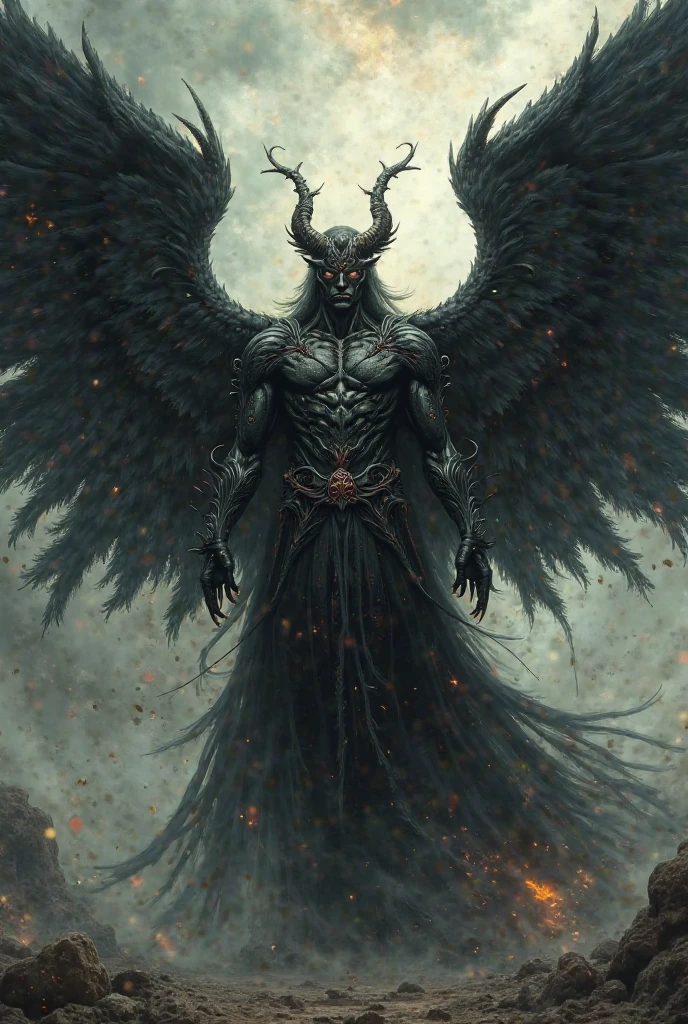 ral-mythcr, belial, mythical creature, a photorealistic image of Belial, a figure from mythological literature, in a dark and mystical setting, Belial is depicted as a formidable figure with horns and wings