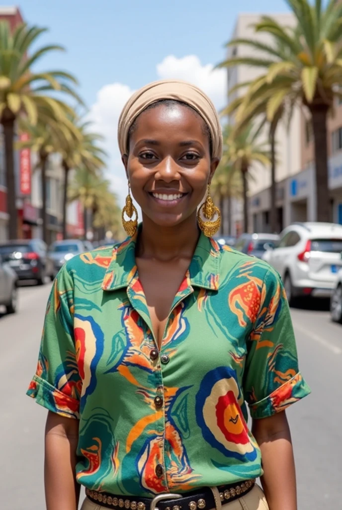 Amira, 1girl, solo, ((Sudanese woman)), consistent face and body, ((MILF)), ((30 years old)), (mature), ((slim)), ((Sudanese face)), (Sudanese nose), (Sudanese lips), short hair, upper body and upper legs, (background: bustling souks in Morocco), BREAK, (wearing stylish loose-fitting.)