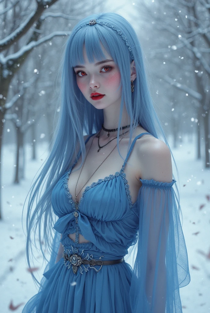 8K, Top Quality, Intricate Details, Ultra Detail, Ultra High Resolution, Masterpiece, random angle, Slender, Smile, (Makeup: 0.4), (Fluffy Blue Eyes: 1.21), blue Eyes, looking at viewer, ((full body)), 1girl, solo, 1 girl, (( full body)), close up shot, , ((tall)), (((fit body))), (((slim face))), sharp face, sharp eyes, (((sky blue hair, long hair, bangs )) , (detailed face), sharp face, small lips,
(( )), ((crop top,)), detailed face, detailed breast, , large breast, detail ass, , Beau 1.4, Bust Botox, Big, Perfect Body, detail leg, (( moonlight)), in the snow