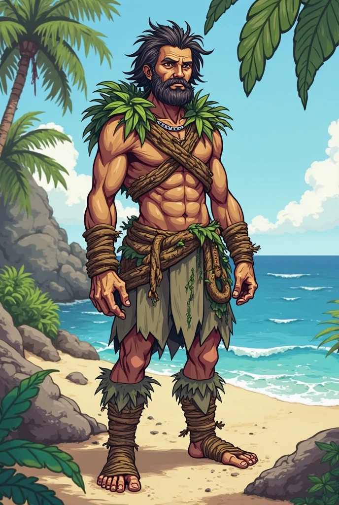 Denver, 1 male，handsome face，Perfect body，Disney art style，face, looking at the audience,naughty，primitive tribe，headgear，totem，hula spear coconut tree,desert island