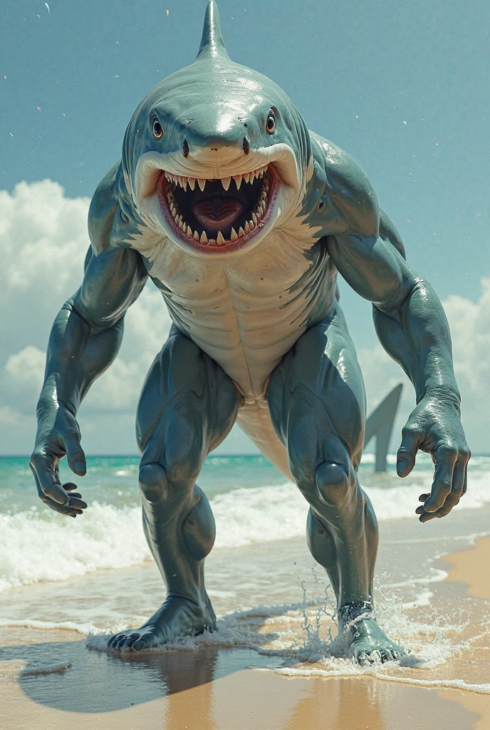 realistic photo of a humanoid shark Kangaskhan hybrid, anthro creature