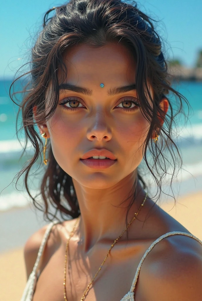 a photorealistic portrait of a stunningly beautiful tanned polynesian woman without light make-up, extremely detailed light green eyes, detailed symmetric realistic face, extremely detailed natural texture, peach fuzz, windy long hair, masterpiece, absurdres, award winning photo by lee jeffries, nikon d850 film stock photograph, kodak portra 400 camera f1.6 lens, extremely detailed, amazing, fine detail, rich colors, hyper realistic lifelike texture, dramatic lighting, unrealengine, trending on artstation, cinestill 800 tungsten, looking at the viewer, photo realistic, RAW photo, TanvirTamim, high quality, highres, sharp focus, extremely detailed, cinematic lighting, 8k uhd,-imagine -