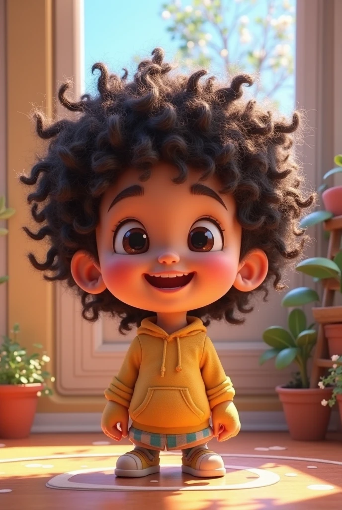 Brown skin 7 year old with curly hair to his neck smiling in a kitchen real life