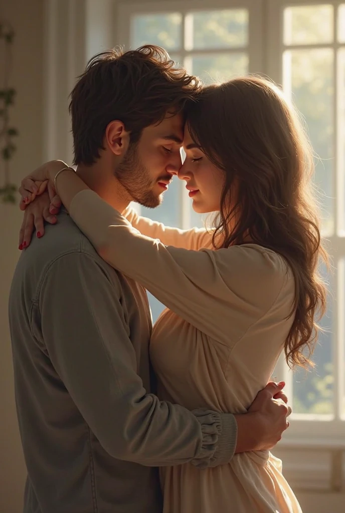 a couple, beautiful mbti intp girl, messy curly long hair, body, small chest, sweater top, jeans pants, handsome mbti istp man, messy short hair, big muscles, leather jacket, jeans pants