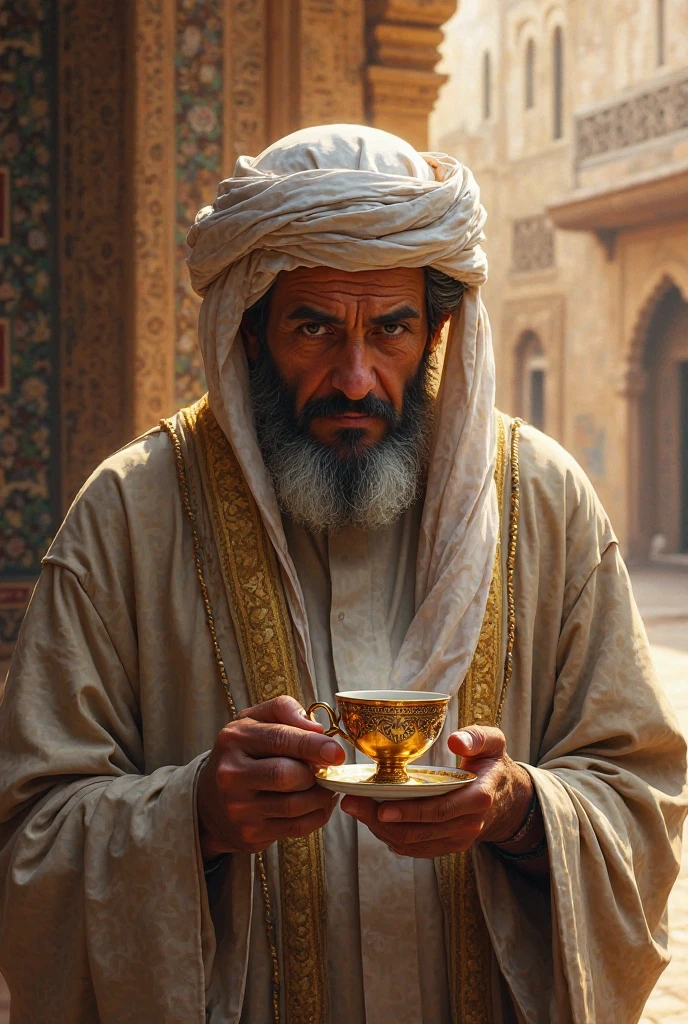 An Iraqi man of good origins drinks tea during a war, laughing and not caring.