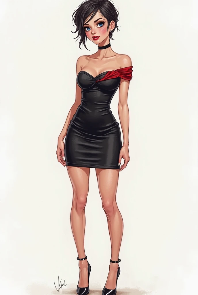 draw up, Lips are soft or colored, Simple black background, minimalism, monotone, bright color palettes, with aesthetic small breasts, Beautiful round face, Short dress, Shows His Legs, short black dress(absolutely no panties), shaggy brown hair, hair tied, holding a giant ax with both hands, perfect anatomy, dynamic pose, Perfect hands, the wind in the dress