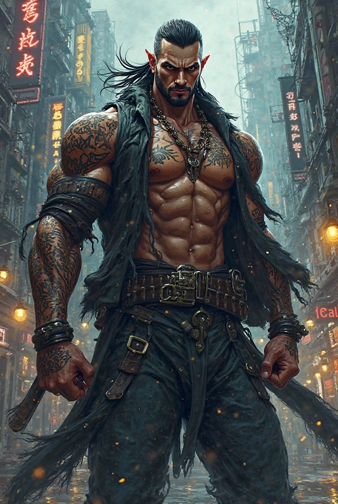 A tall and imposing grim reaper with short, slicked back white hair, a perfectly groomed beard, and piercing red eyes. He exudes confidence and carries himself with a sly and mysterious aura.