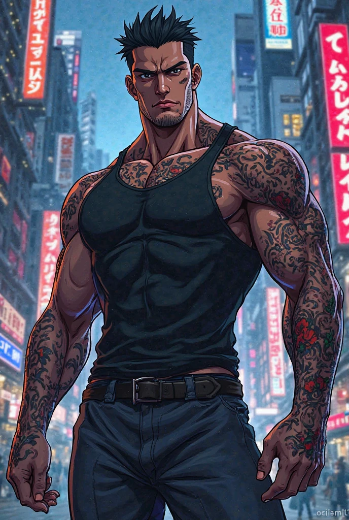 (anime) a tan-skinned, tall, ash blond hair man that’s shirtless, with black leather pants on, giving gangster vibes