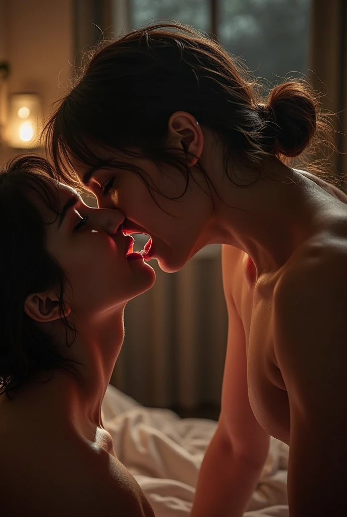 Two lesbians aggressively making out passionately, lips touching, hugging tight, kissing, passionate, erotic, sitting on lap, chair, window, raining outside, night time, dark room, one lamp, warm lighting
