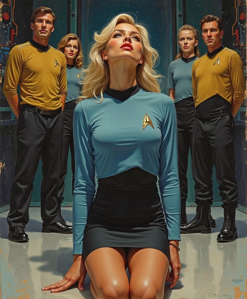 bimbo 18 years old,spaceship, star wars universe, stands on the bridge of his spaceship surrounded by muscular men, hard orgy, BDSM, hourglass body, Slim waist, flat waist, big breasts, big Blue eyes, the girl experienced a strong orgasm, lustful facial expression, Passionate Face, detailed narrow face, narrow cheekbones, huge plump lips, sunken cheeks,Dimples, small nose, neat noseblonde hair, long curly hair, wide hips, long legs, short slim shape, sexy officer uniform, lustfully arched her back showing everyone her charms,  The atmosphere of the Middle Ages