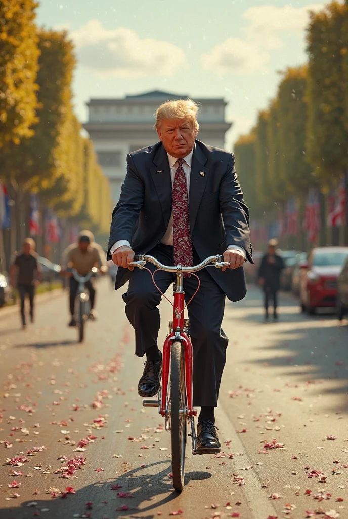 masterpiece, best quality, <lora:80year03:0.6>,,outdoors,1boy,solo,(donald trump:1.2), old man,blonde hair, cotton-padded jacket,blue pants,bicycle,