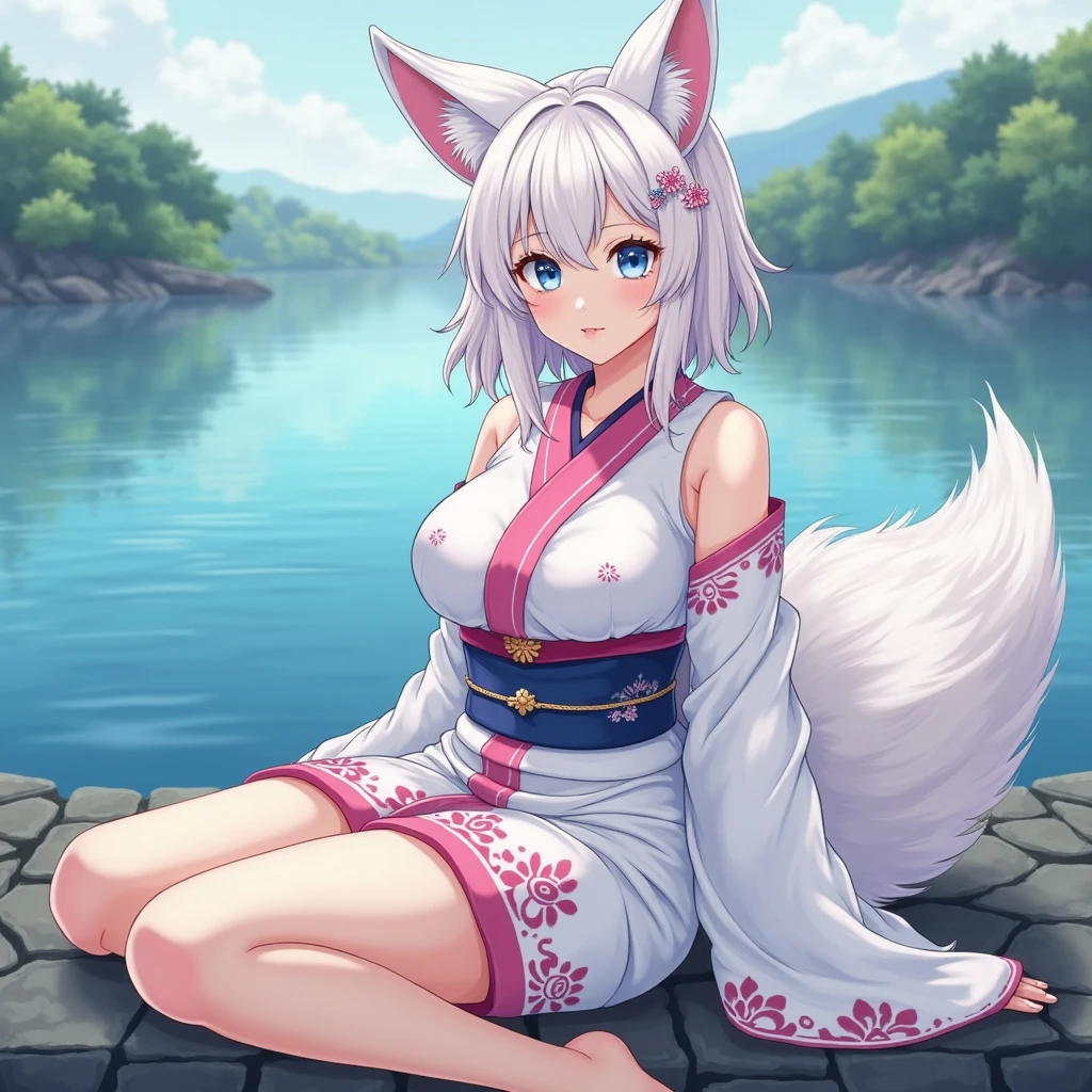 Best quality, hyper-high detail, very high res, Extremely detailed CG, Realism,absurd res,fox ear,Huge colorful fox tail, D cup breasts 8K,Colorful, A 20-year-old nine-tailed fox girl,japanaese girl,Light turtleneck shirt,Detailed clothing patterns,tiese,(full body:1.3),Solo,chubby body shape,(long leges:1.3), Faraway view,high-heels,(Blue eyes), (white hair to shoulders), Extremely long white diamond hair floating, blueribbon, Beautiful eyes,(Pink clothes:1.3),Wet clothes, Short pink skirt, detailed and beatiful face and eyes, ((Shiny skin)),white wavy hair, (detailed and beautiful shiny clothes, Temple,holy rays,japan temple,the cherry trees,Cherry blossoms flying,(dynamicposes:1.3),low perspective,