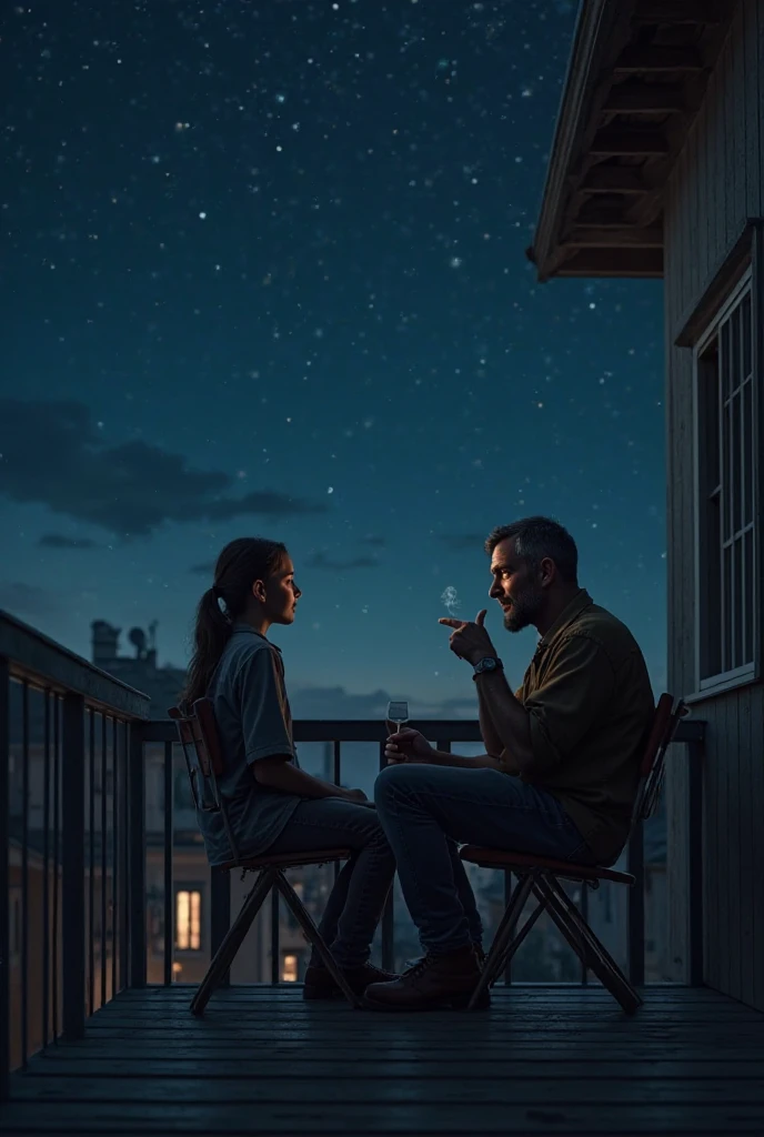 night shot, moon light, 1boy 1 girl, wearing t shirt and jeans, sitting in foldable chairs, in a balcony. dual coloured sky, moon, wes anderson style, far shot, potted plants in balcony, forest silhoutte in background