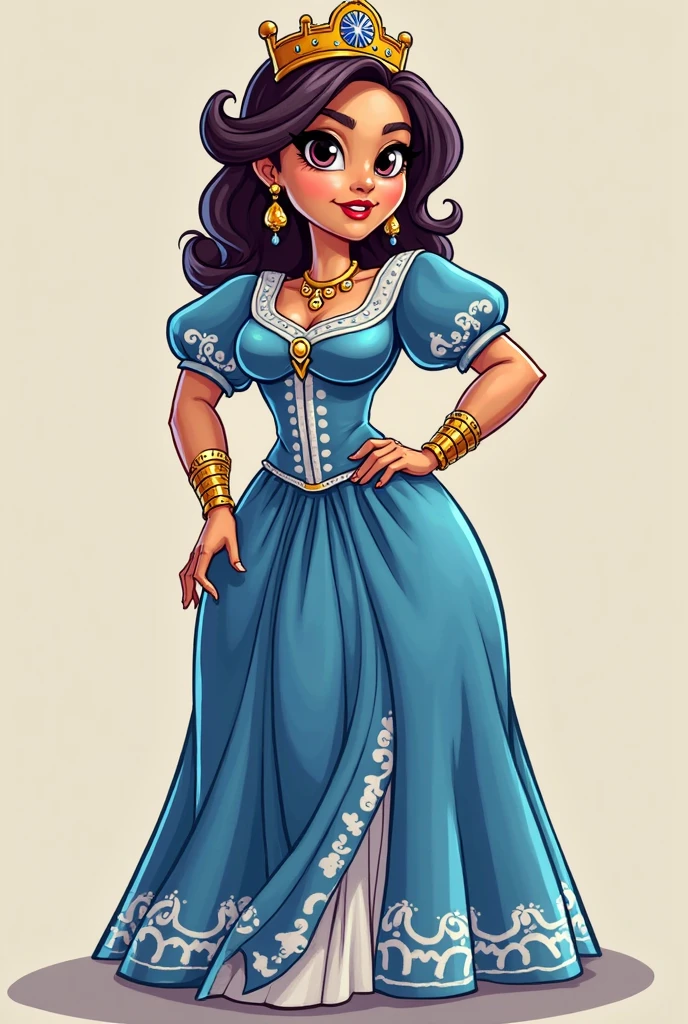 Drawing Cartoon big girl wearing a Beautiful volume and fluffy dress , make it like Arab princess She puts her hand on her waist and wears an outfit decorated with an Arabic-Islamic decoration Painted in beautiful colors with 2d drawing and make black outline more details blue and yellow and make the dress full cover her body