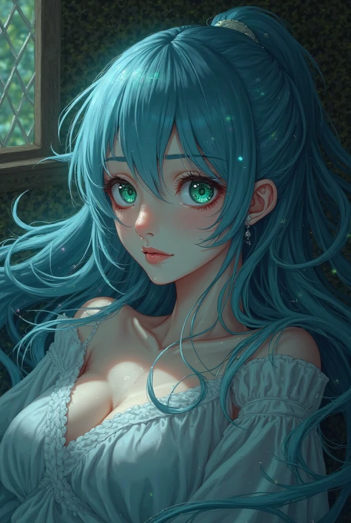 a woman with blue hair in a bedroom, embarrassed expression, focus on face, bangs, hair halo, moonlight shining through a fantastical forest, massive ancient trees, glowing mushrooms on the ground, crystal pool in the distance with fairies dancing around it