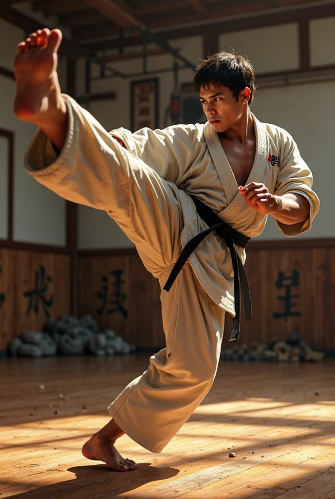 Young man doing kick on kumita mat thats have very muscular muscels wearing karate uniform with vaibhav name typed ON HER uniform