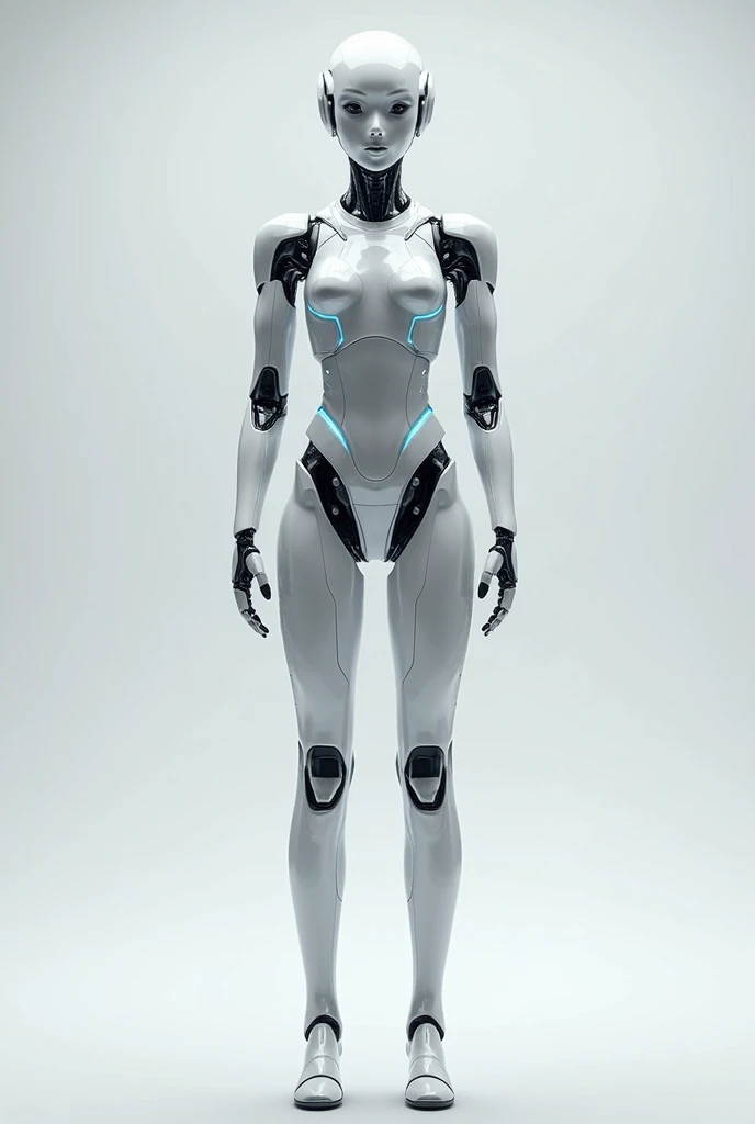 1woman, Japanese cyborg woman,Plump , White boots,announcer,control panels,android,Droid,Mechanical Hand, clothes with a sense of mechanical technology, Robot arms and legs, Black Robot Parts,Black hair,short heir,Mechanical body,rompers,Blunt bangs,White abdomen,White Robotics Parts,perfect robot woman,ceramic body,Sleep Mode,cyberpunked,