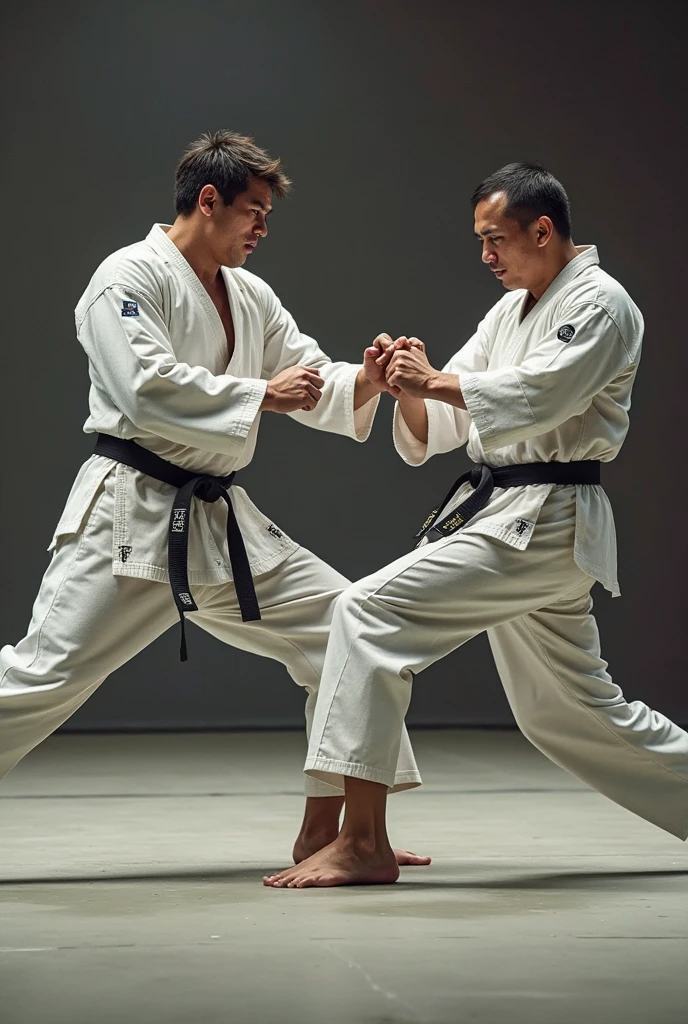 A simple image of a wkf karate fight , where one attacks with Tsuki and the other with uramawashi
