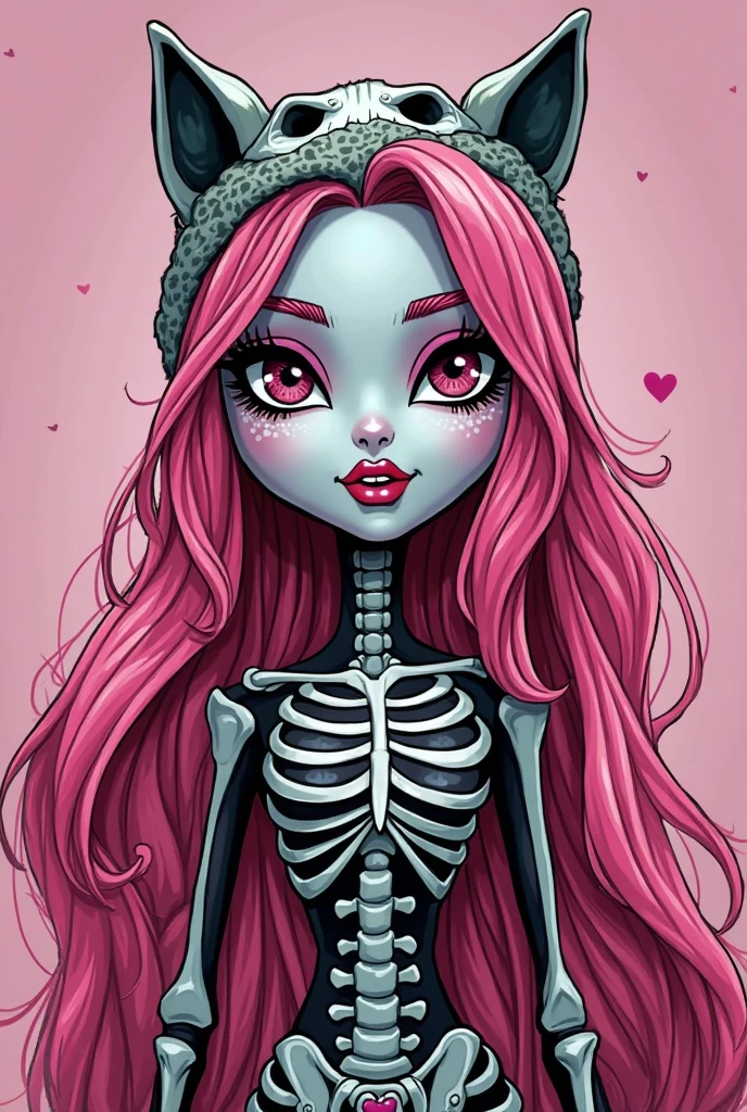 Skull head only,cartoon,Long fire red braided Hair with Pony,rockabilly stil,dotted Red white bow in Hair,black Background,outlines