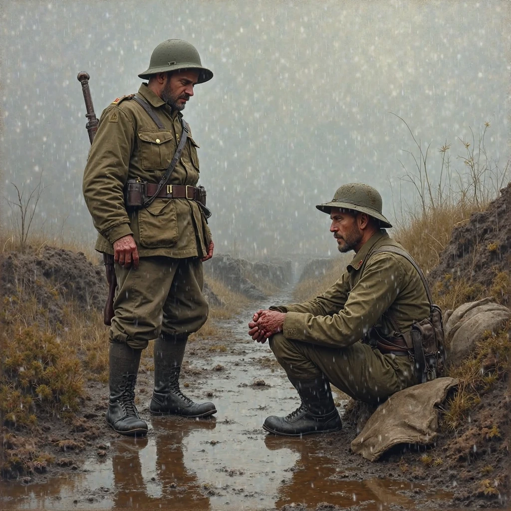Make an artist depiction of a world war 1 veteran coming home after the war only to feel out of place in his hometown and suffering from ptsd all while saying “I’m fine”