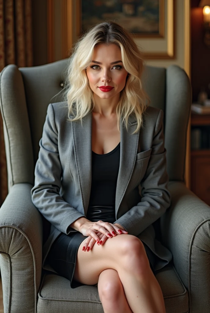 Beautiful blonde,High-heeled shoes,Die Beine sind lang, White,,,Lockig, blaue Augen, Haut gegerbt, Dressed in a stewardess costume, Im Flugzeug, Full Body Esbian, auf einem Sitz sitzend, (NSFW), Jacke aus, Hemd offen
