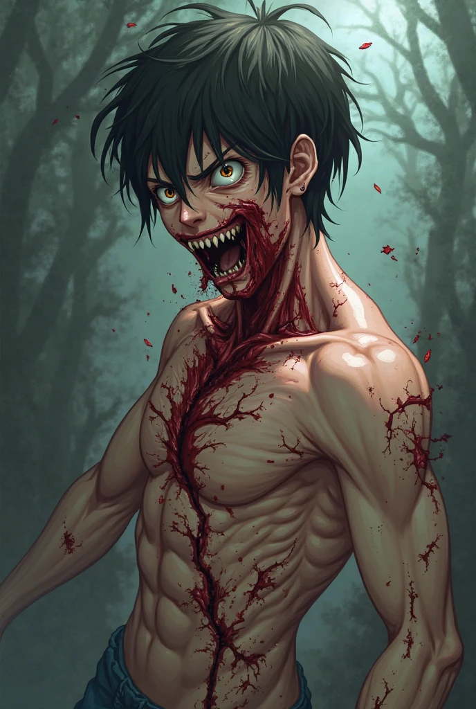 Smiling boy holding a knife with bloody clothes --auto