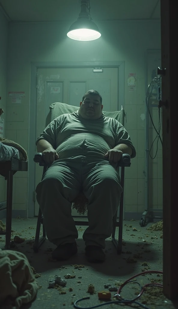 Fat policeman in underwear sitting in front of a criminal