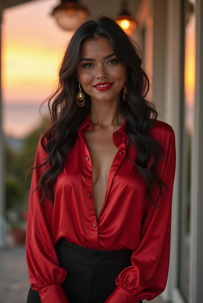 Ultra HD resolution，artistic photos，Professional Photography，Dark LED Background ((21 year very sexy super model, smiling at viewer, earrings, long brunette messy hair, medium breasts:1.1cold ultra realistic skin, wearing a very sexy red shirt)), posing like a super-model, on porch of a house, smiling at viewer, natural red lips, attention to detail
