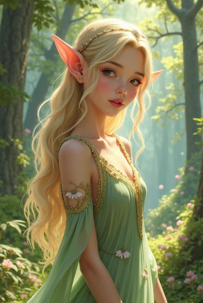 a painting of a woman in a dress standing in the woods, portrait of a fairy, forest fairy, fey queen of the summer forest, portrait of fairy, forest fae, smiling as a queen of fairies, fairy aesthetics, beautiful fairy, queen of the fairies, faerie, beautiful fairie, beautiful fairies, goddess of nature