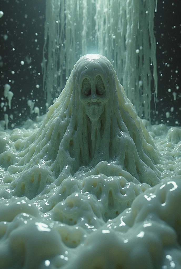 High-resolution photo of a sheet ghost crawling on all fours and licking milk from the floor