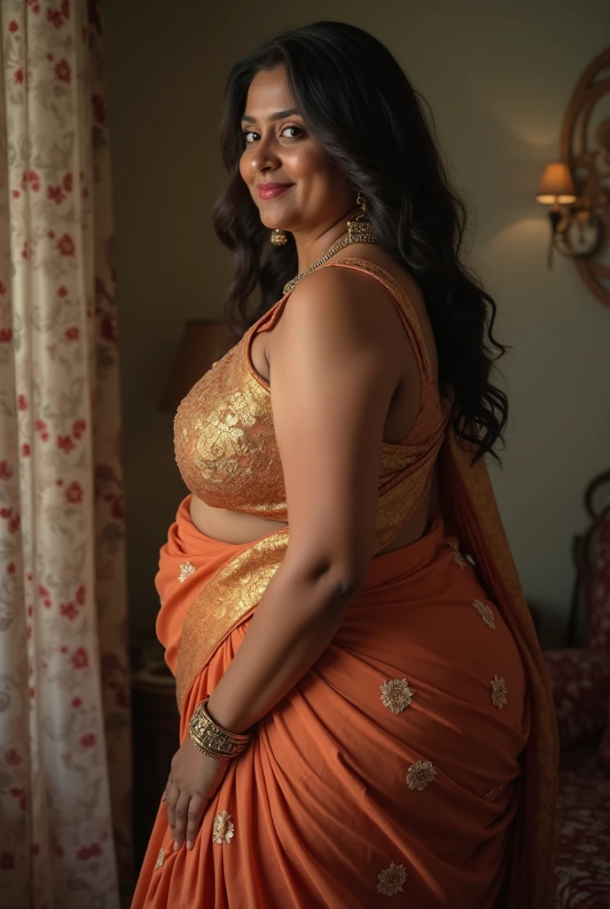 Foto RAW, photorealistic, photography, full body shot, 50 years old Woman, master shot, perfect eyes, goddess like beauty, pierced eyes, perfect thick chubby mallu Desi aunty bhabhi, Wearing a Stanapatta, a chest-band.Saree model, model Photography, Indian saree shoot, Indian traditional wear advertising photography, traditional wear brand shoot, face of Indian actress Sonakshi Sinha, masterpiece, realistic, realism, incredible details, pleasure, photorealism, detailed skin, skin pores, high contrast, photorealistic Artstation 8k HD digital art trend of high definition and detailed realistic skin texture, ultra detail, realistic skin texture, armature, best quality, ultra high definition, (photorealistic:1.4),, high resolution, detail, raw photo, sweat, Re sharp, by Lee Jefferies Nikon D850 Film Stock Photo 4 Kodak Portra 400 Camera F1.6 Lens Rich Color Ultra Real Realistic Realistic Textures Dramatic Lighting Unreal Engine Trending at Art Station Cinestill 800,(pele altamente detalhada: 1.2), 8k UHD, DSLR, soft-lighting, alta qualidade, grain of film, Fujifilm XT3,she didn't like to wear blouse or bra, she is happy to wear only saree, she hates blouse or bra, detailed hairy armpits, hyper realistic skin, skin pores, sweat, veins, short hairs on armpit, stubble armpits, hyper realistic hairy armpits, low waist saree,