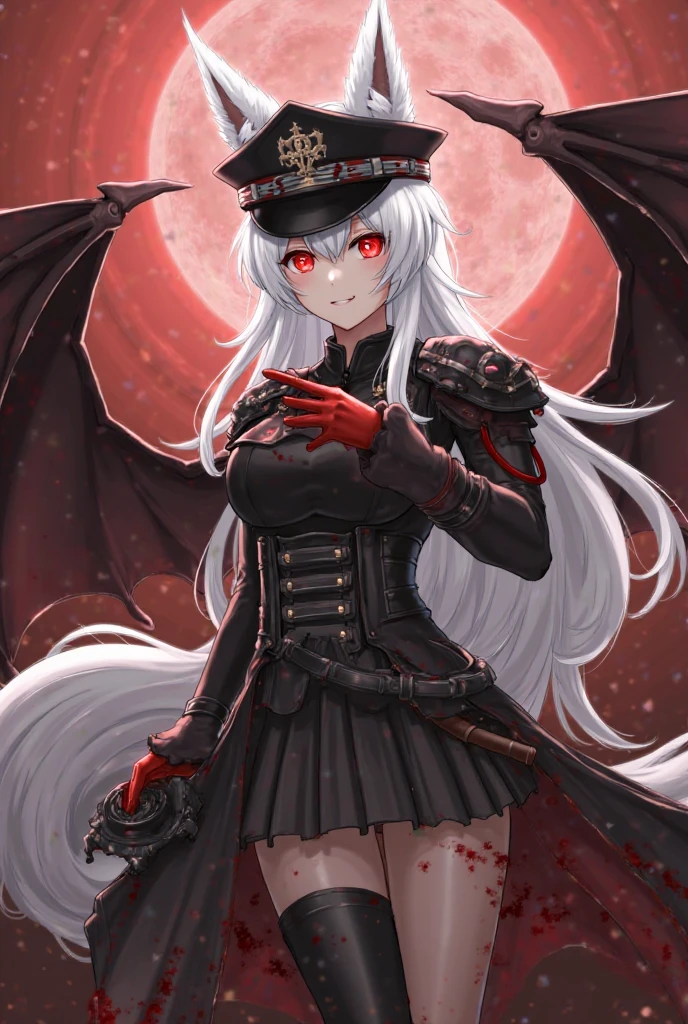 ((masterpiece, best quality, extremely detailed CG, unity 8k wallpaper,anatomically correct,ultra resolution)),Award-winning photography,(best illumination,Very Delicate and Beautiful),(one girl,solo,loli:1.5),(Vampire:1.45),silver hair,(twintails:1.2),glowing red eyes,(pale skin:1.45),(extremely beautiful and detailed face:1.2), (extremely beautiful and detailed eyes:1.2),perfect hands,delicate legs,((bat hair ornament)),(graceful,fashion),pointy ears,((military uniform:1.4,black thigh boots,black leather gloves)),looking at viewer,cruel,(cute:1.5),((night, dark atmosphere, dark theme, darkness:1.5)),dramatic shadows,(dimly lit:1.5),blood on face,blood on floor, blood on walls,(blood mist,blood splash:1.4),depth of field,(Bustling city:1.2,in the rain:1.3),cloudy sky,raining,skyline,(perfect human body structure with maximum precision)