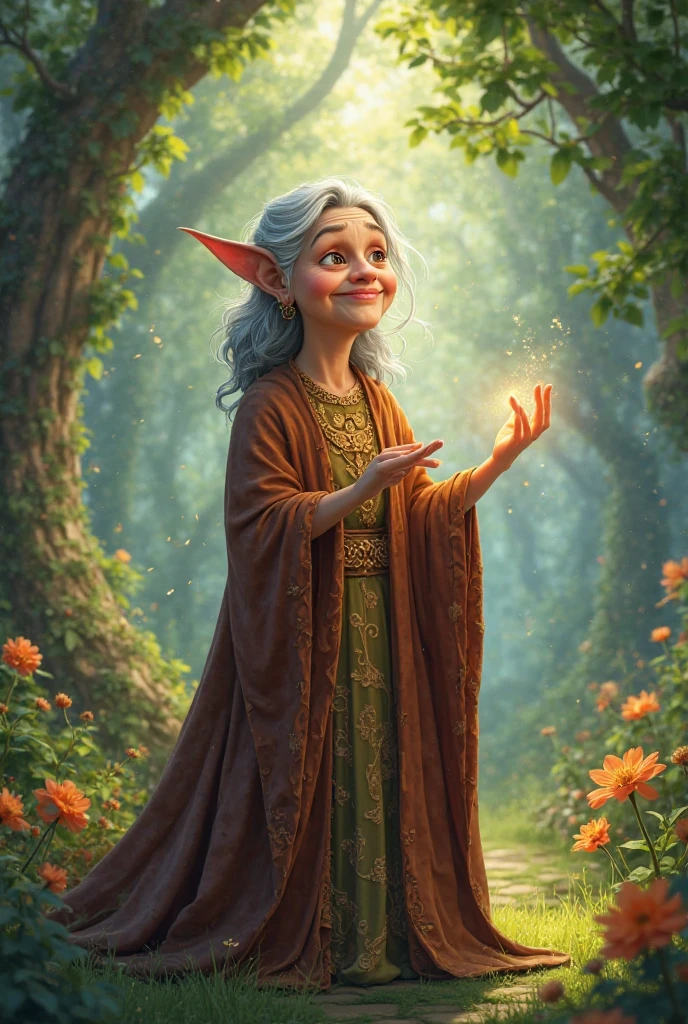 Complete and real image. Beautiful face of an elf, smiles with mischief and curiosity. Photorealism, full view, highly detailed image, very realistic, hyperrealism, Ultra HD, 8k, 5, sharp focus, intricate and mysterious masterpiece. (Long exposure photography Highly detailed close-up portrait art illustration: final quality, medium shot, backlit, Rich and eye-catching. Enigmatic and mysterious manipulations (composition of the rule of thirds), ((detailed environment with strong lines) The best quality, in camera, white light, warm and clean aesthetics, dazzling screen composed of millions of brilliant ultraviolet rays, HDR.