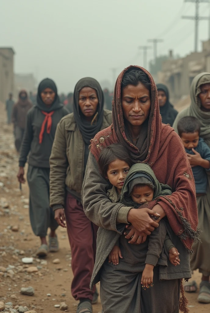 Creating poor women and children in a war scenario crying desperately