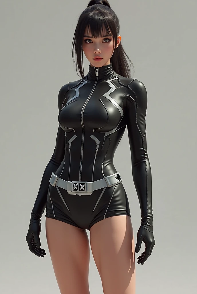 full body picture Unreal Engine 5 8K UHD of beautiful female, nun, black tight latex catsuit with nun outfit, two leather belts on hip, latex body harness, beautiful make up, best quality, masterpiece