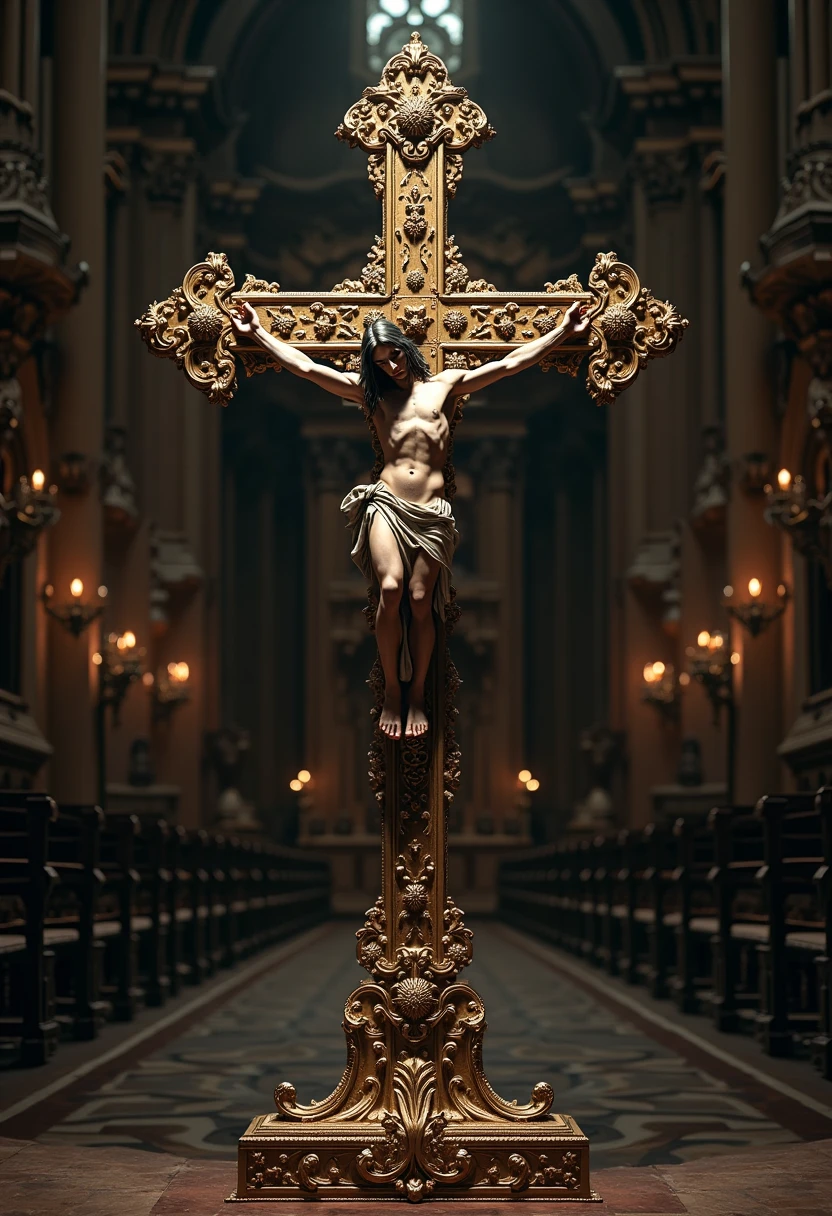 crucified jesus stands behind the priest, and the priest is with his back to Jesus on an altar in the Catholic church and Jesus is spilling his blood that comes out of his heart and falls into the chalice that the priest holds in his hands with his hands outstretched that is on top of the altar at the time the mass takes place.