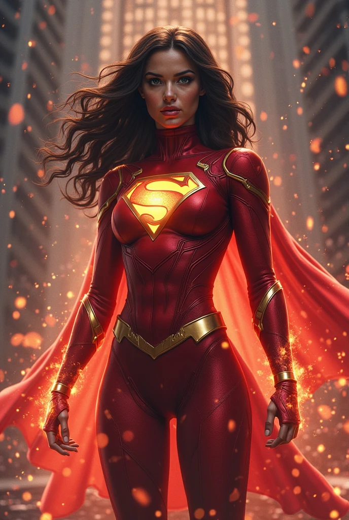 colorful water color drawing, full body of Gal Gadot as a female super hero, dark mysterious, yellow magic dust with orange holo outline powers, in style of Agnes Cecile